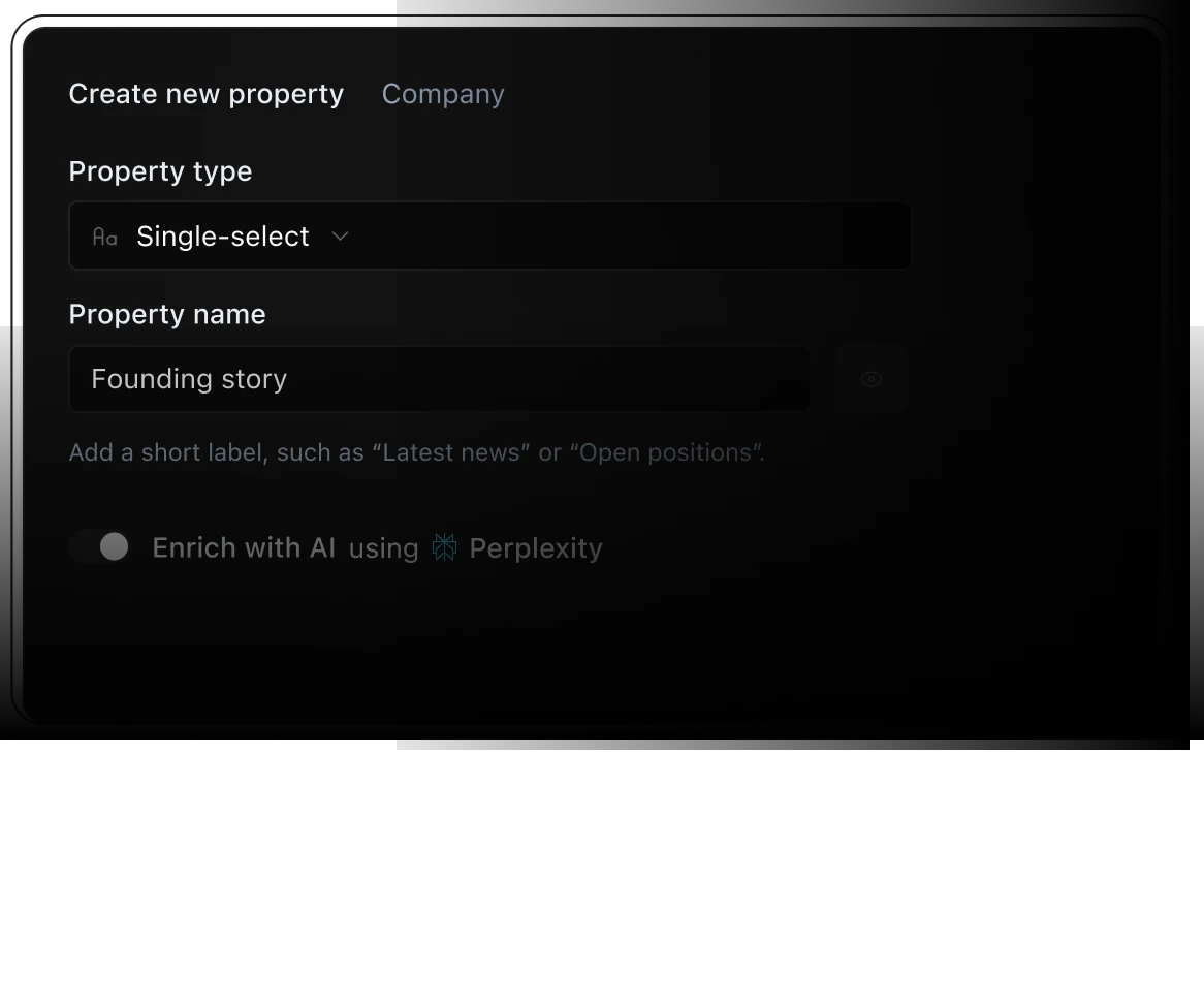 Property creation form with dark interface. Header shows Create new property with Company tab selected. Form includes Property type dropdown set to Single-select and Property name field containing Founding story with placeholder text for adding a short label. At bottom is an option to Enrich with AI using Perplexity with an unselected radio button.