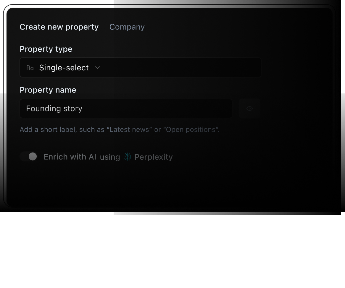 Property creation form with dark interface. Header shows Create new property with Company tab selected. Form includes Property type dropdown set to Single-select and Property name field containing Founding story with placeholder text for adding a short label. At bottom is an option to Enrich with AI using Perplexity with an unselected radio button.