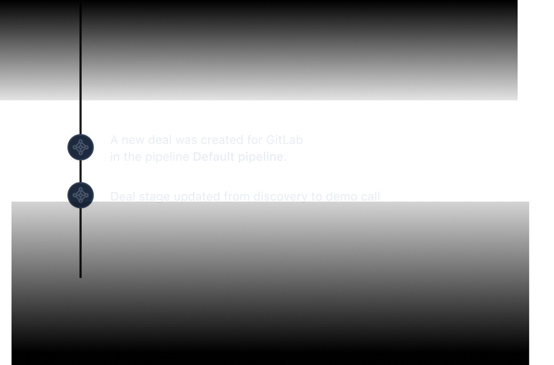 Timeline view showing deal progress with two events connected by a vertical line. First event: A new deal was created for GitLab in the pipeline Default pipeline. Second event: Deal stage updated from discovery to demo call. Both events are marked with blue diamond-shaped icons.